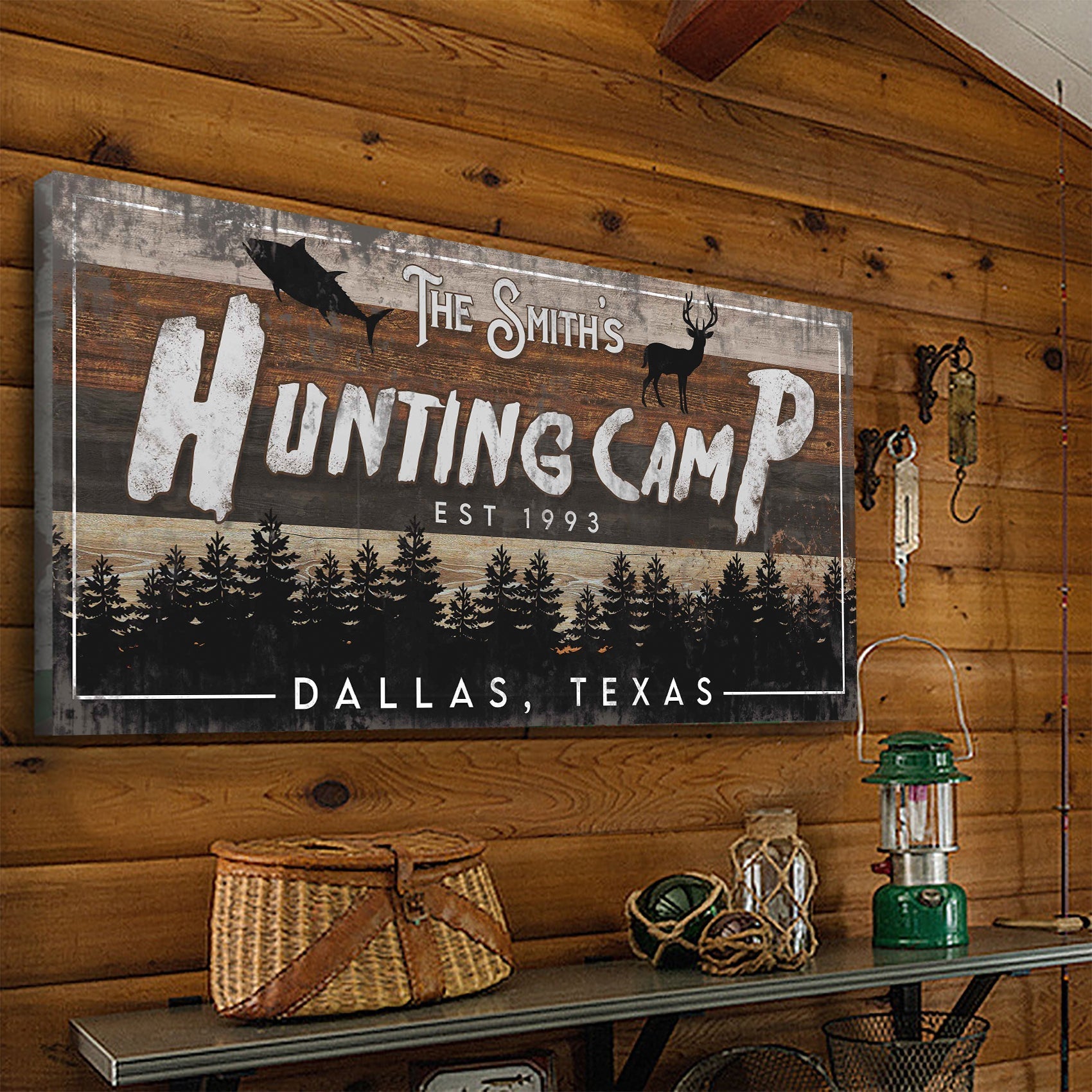 Fishing And Hunting Sign IV canvas with rustic wood panel and deer silhouette on Tampa Home & Garden Store