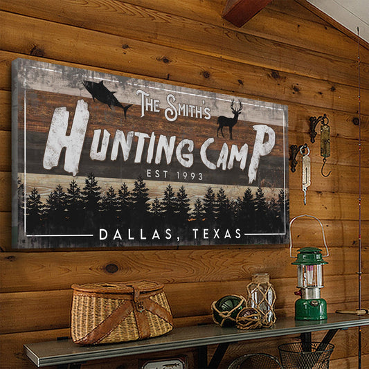 Fishing And Hunting Sign IV canvas with rustic wood panel and deer silhouette on Tampa Home & Garden Store