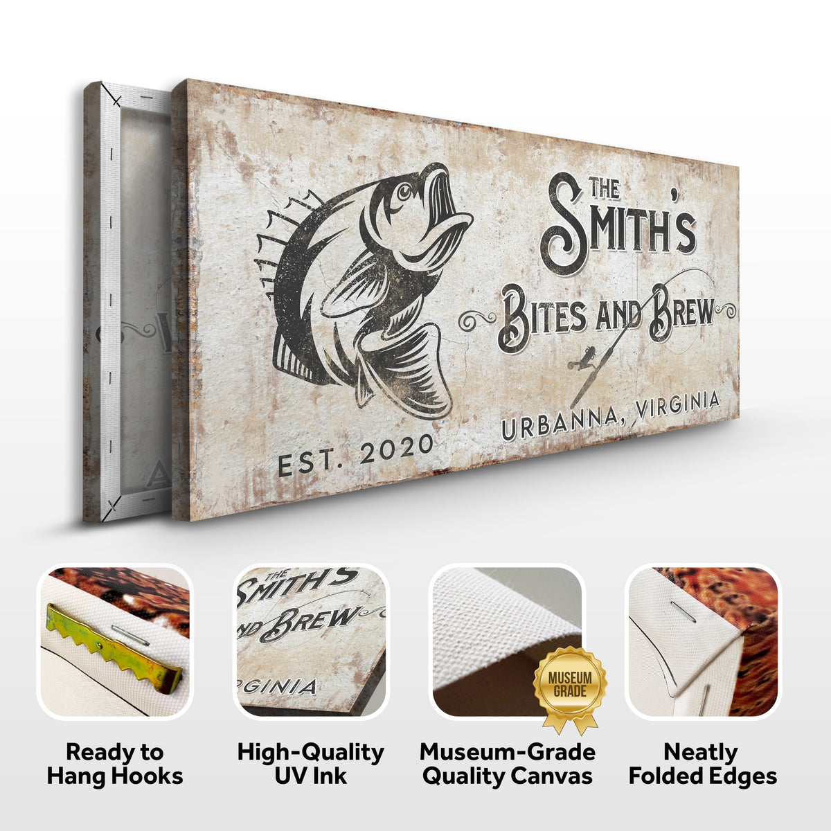 Bites and Brews Sign canvas with rustic weathered wood and fish graphic Tailored Canvases on Tampa Home & Garden Store