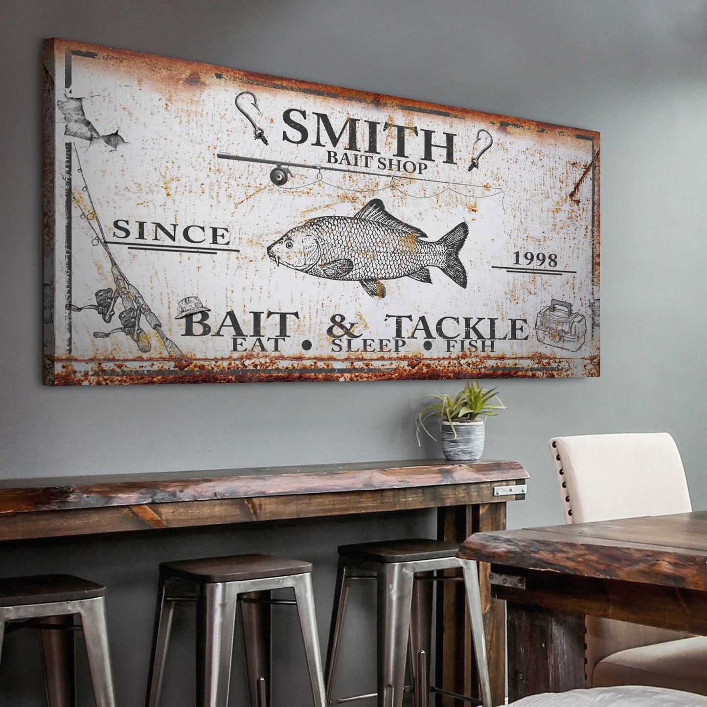 Bait and Tackle Sign III canvas by Tailored Canvases, rustic fish-themed crafting decor on Tampa Home & Garden Store