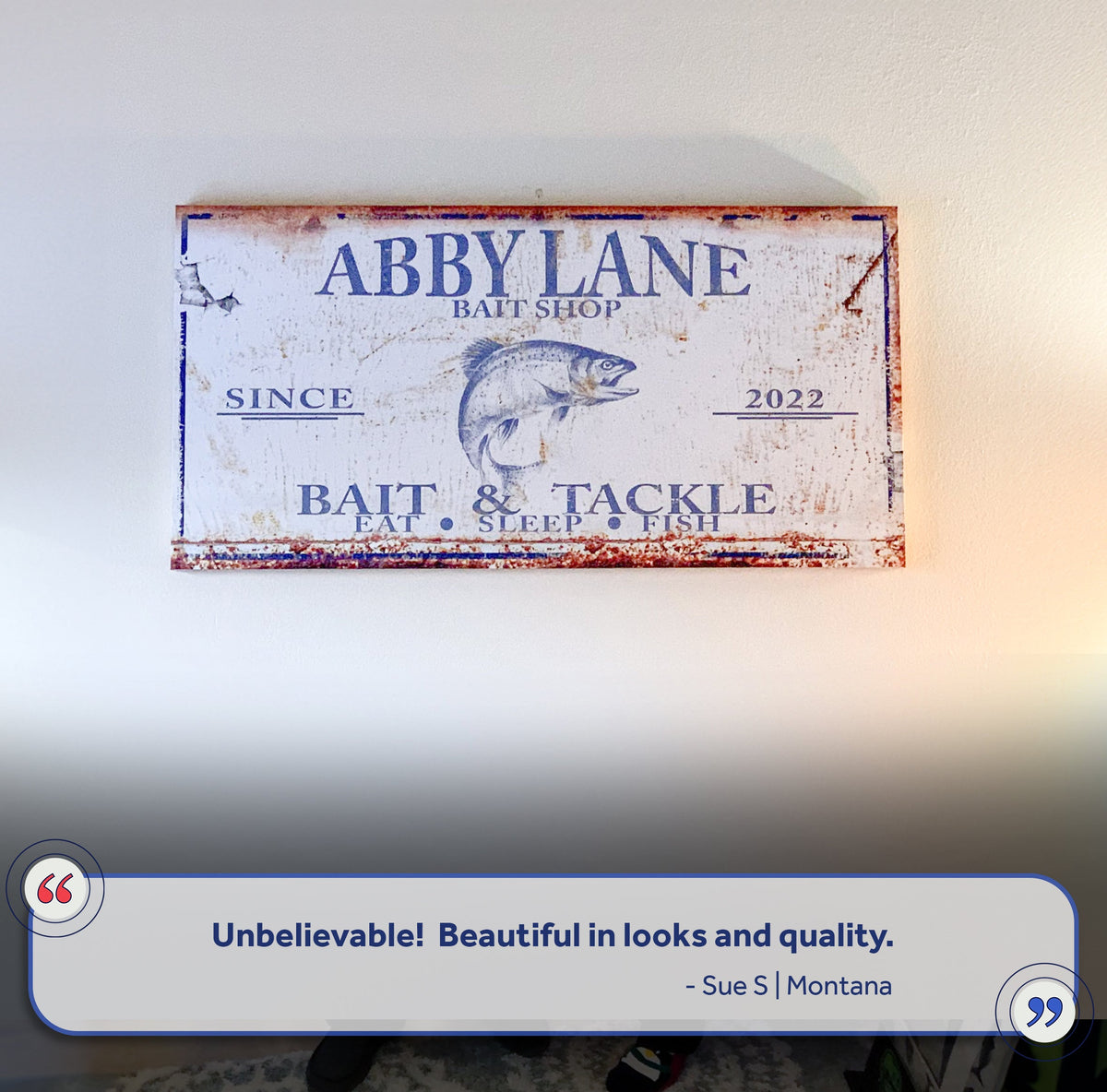 Bait and Tackle Sign canvas with vintage white background, blue lettering and fish graphic on Tampa Home & Garden Store