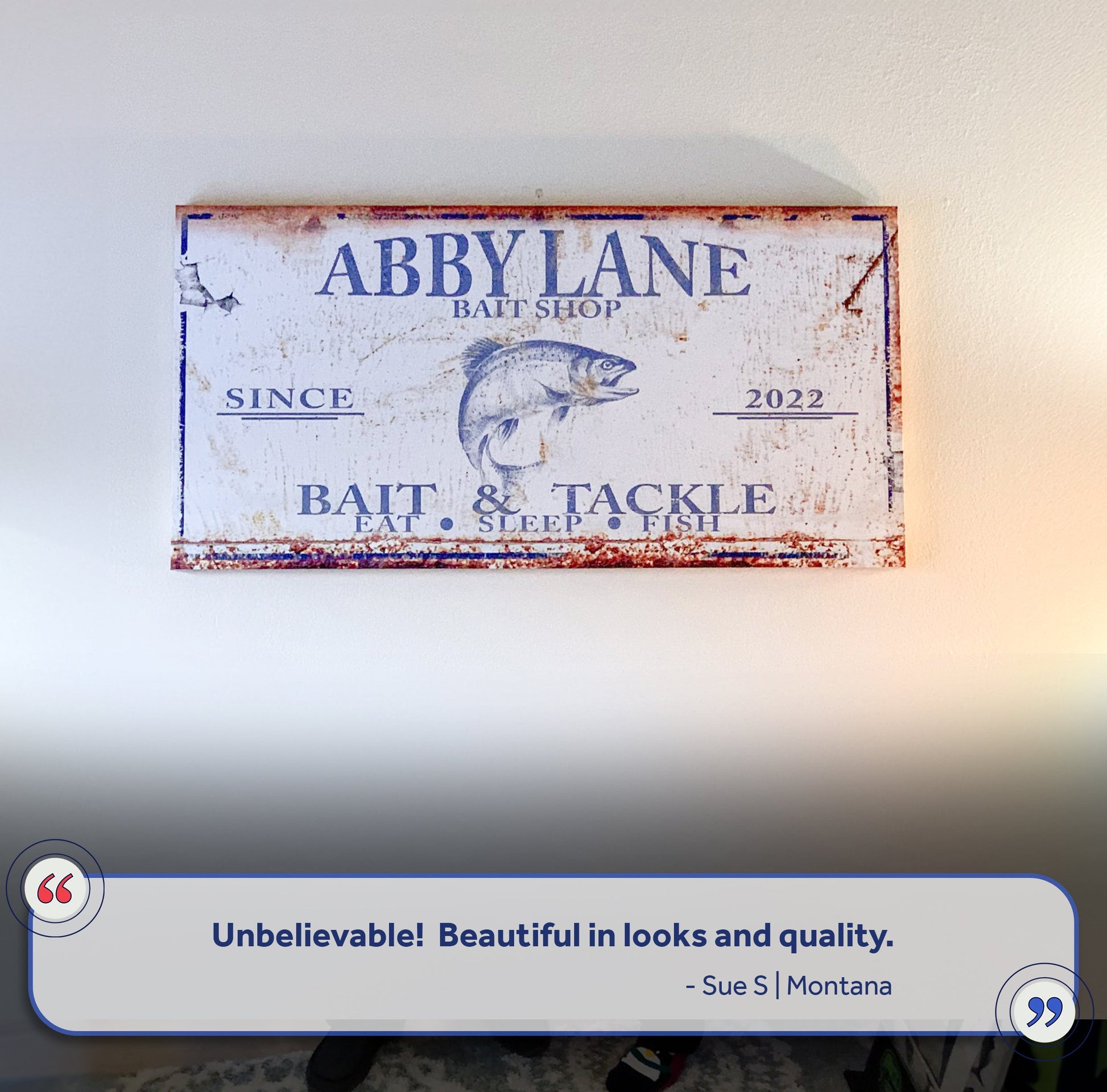 Bait and Tackle Sign canvas with vintage white background, blue lettering and fish graphic on Tampa Home & Garden Store