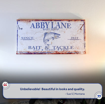 Bait and Tackle Sign canvas with vintage white background, blue lettering and fish graphic on Tampa Home & Garden Store