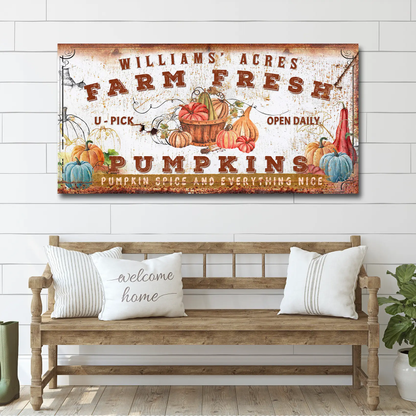 Farm Fresh Pumpkins Sign Tailored Canvases, rustic decor with pumpkins in a basket on Tampa Home & Garden Store