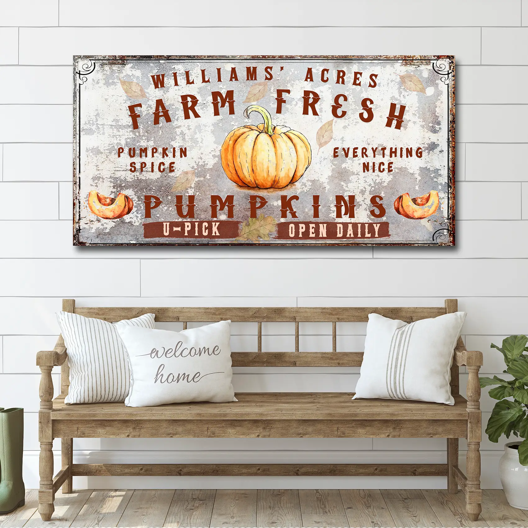 Farm Fresh Pumpkins canvas sign with pumpkin illustration and backdrop for craft decor on Tampa Home & Garden Store