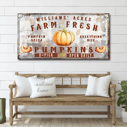 Farm Fresh Pumpkins canvas sign with pumpkin illustration and backdrop for craft decor on Tampa Home & Garden Store