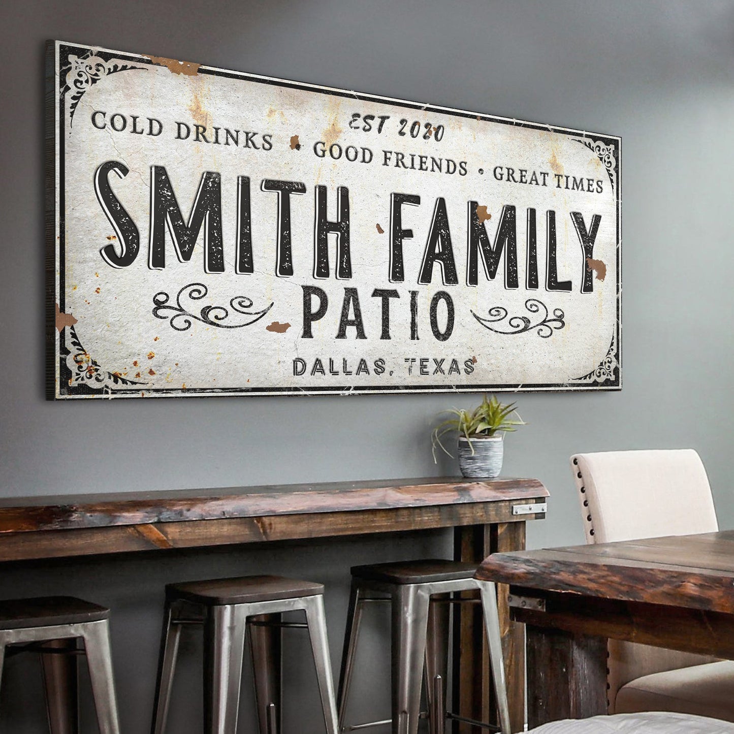 Family Patio Sign canvas by Tailored Canvases with SMITH FAMILY lettering on aged surface on Tampa Home & Garden Store