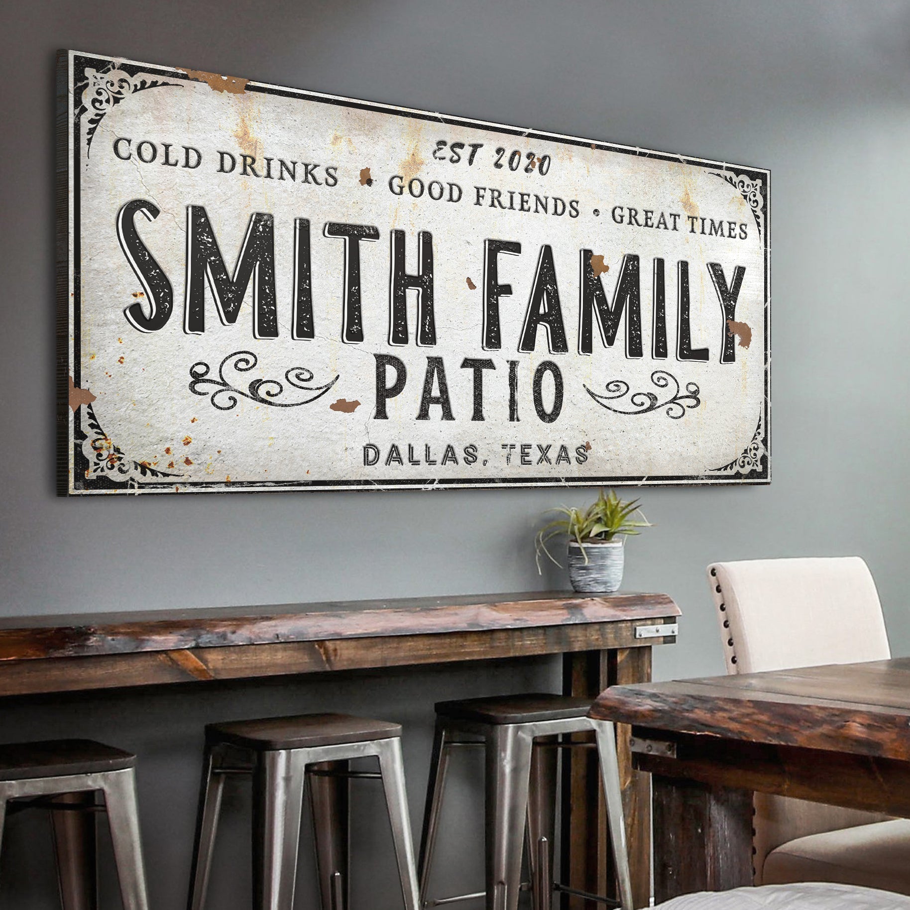 Family Patio Sign canvas by Tailored Canvases with SMITH FAMILY lettering on aged surface on Tampa Home & Garden Store