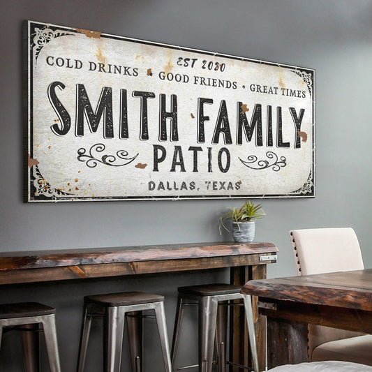 Family Patio Sign canvas by Tailored Canvases with SMITH FAMILY lettering on aged surface on Tampa Home & Garden Store