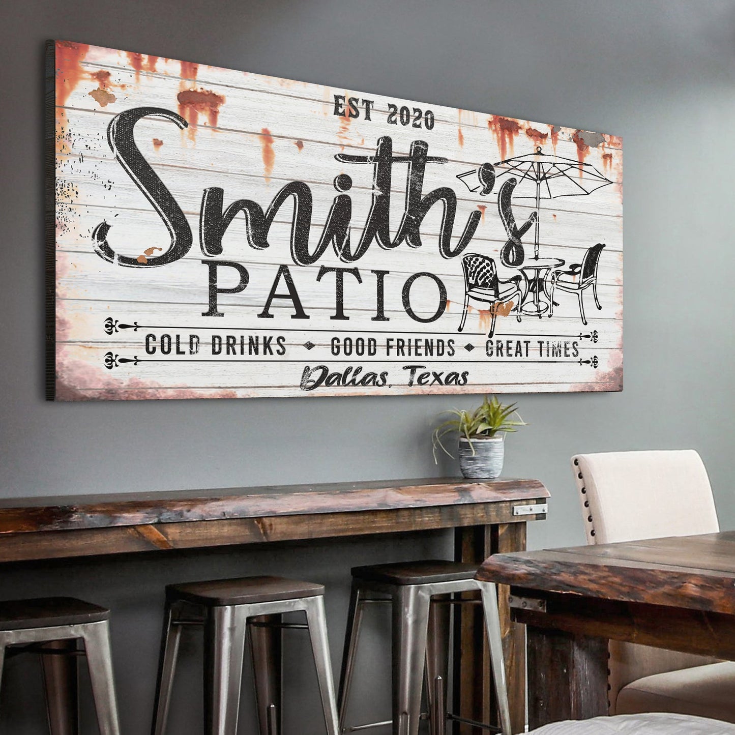 Family Patio Sign II canvas by Tailored Canvases, rustic white wood with black script on Tampa Home & Garden Store