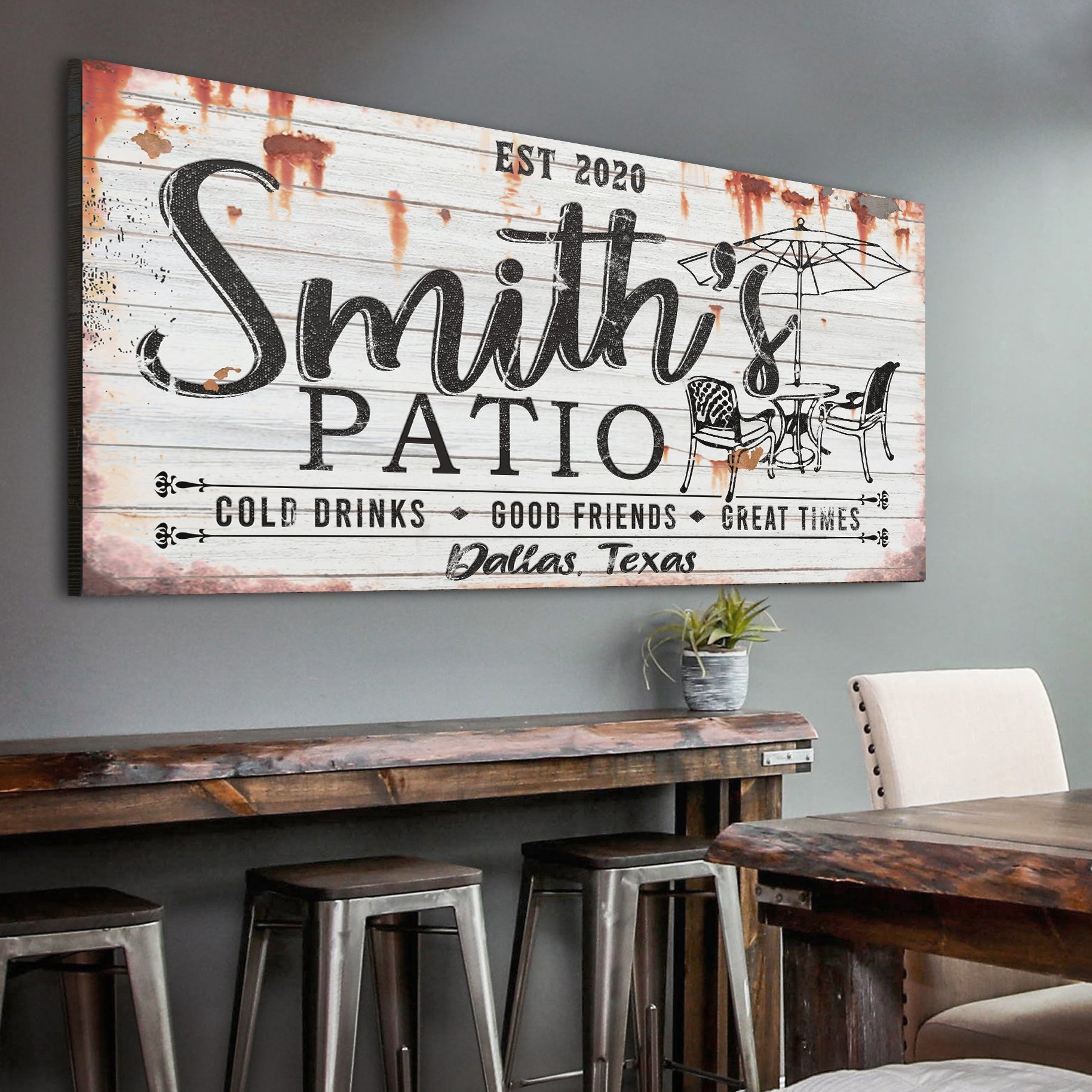 Family Patio Sign II canvas by Tailored Canvases, rustic white wood with black script on Tampa Home & Garden Store