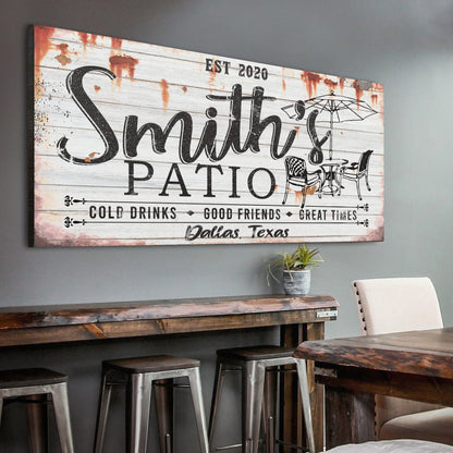 Family Patio Sign II canvas by Tailored Canvases, rustic white wood with black script on Tampa Home & Garden Store