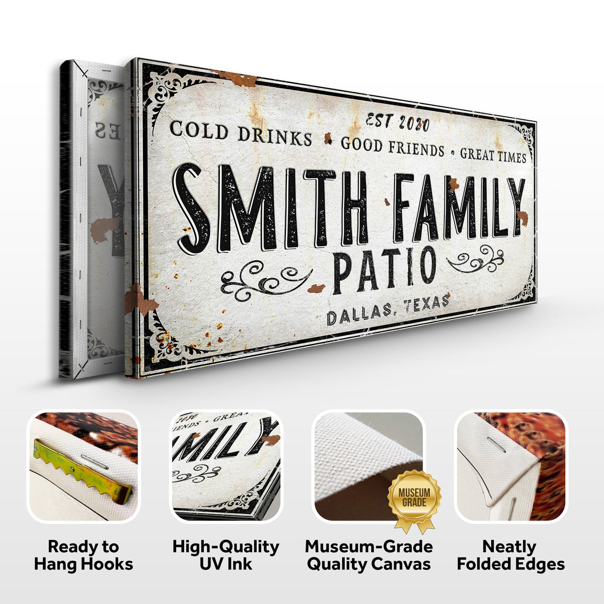 Family Patio Sign canvas by Tailored Canvases with vintage distressed cream background on Tampa Home & Garden Store