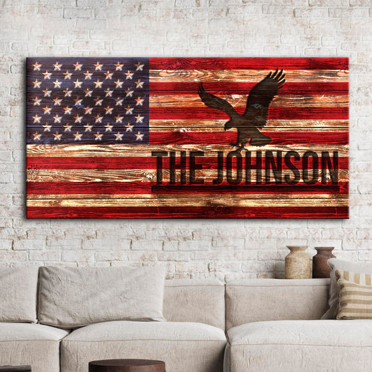 Canvas Rustic American Flag Family Name Sign with blue star field and eagle Tailored Canvases on Tampa Home & Garden Store