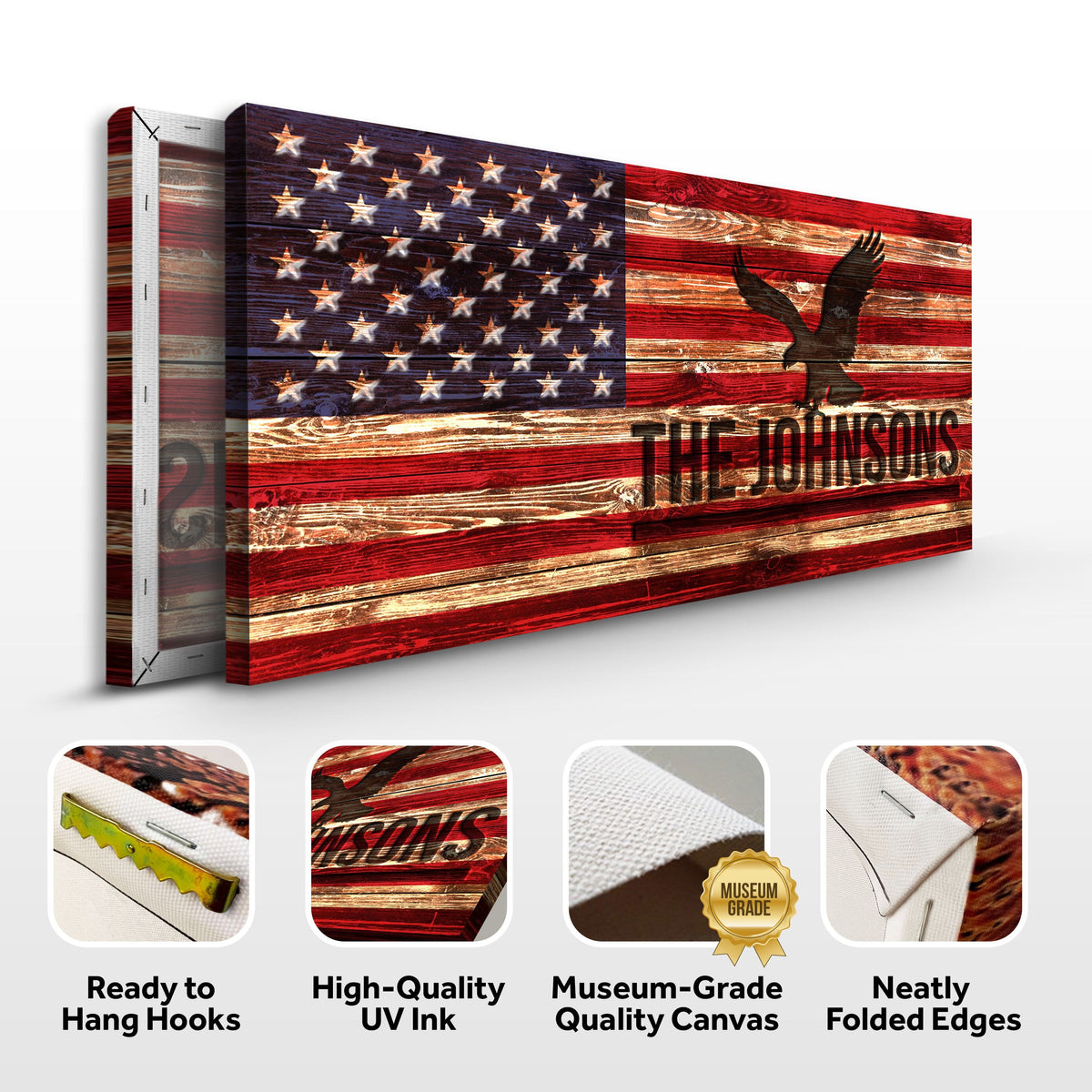 Canvas Rustic American Flag Family Name Sign with wood grain backdrop by Tailored Canvases on Tampa Home & Garden Store