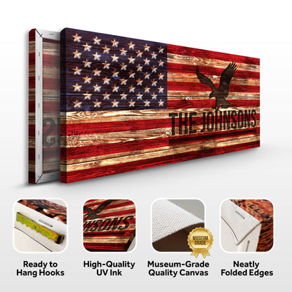 Canvas Rustic American Flag Family Name Sign with wood grain backdrop by Tailored Canvases on Tampa Home & Garden Store