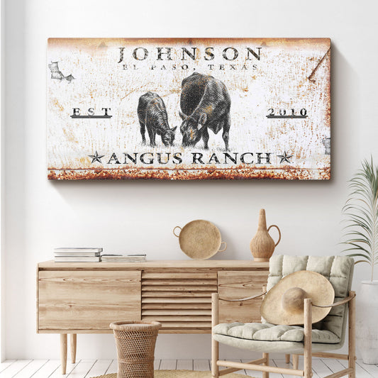 Angus Ranch Sign canvas wall art by Tailored Canvases, rustic distressed finish with bulls on Tampa Home & Garden Store