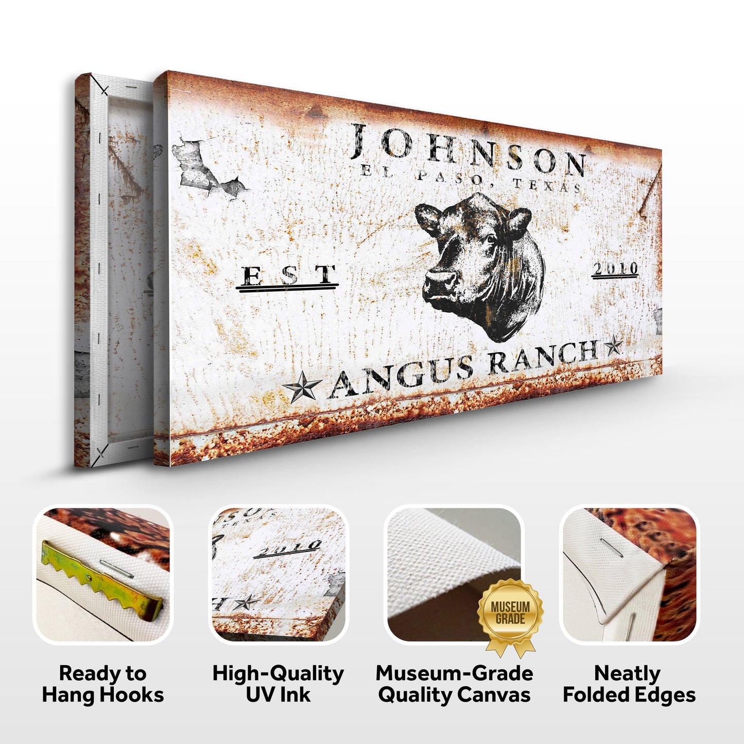 Angus Ranch Sign III crafting canvas by Tailored Canvases with rustic white and cow artwork on Tampa Home & Garden Store