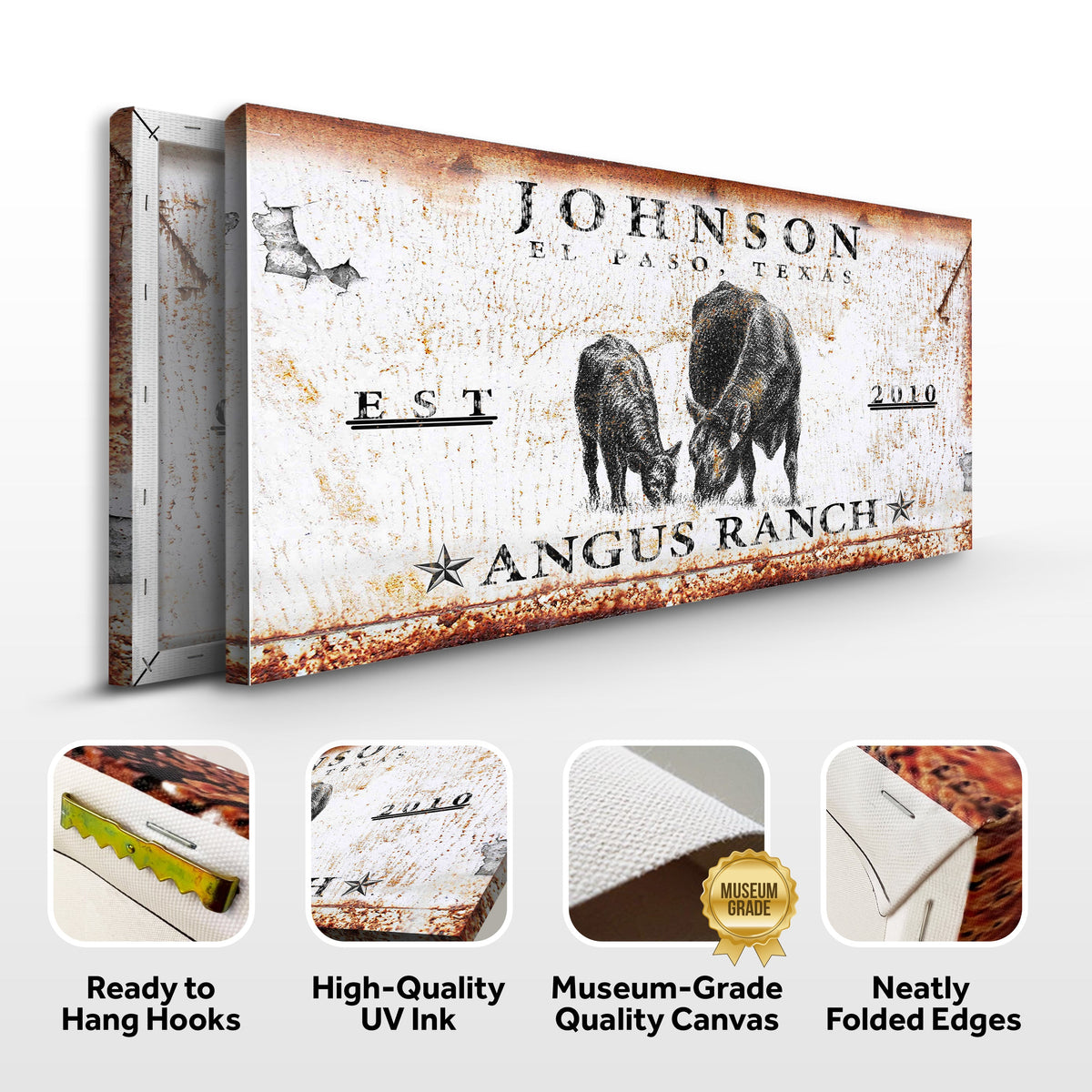 Canvas Angus Ranch Sign by Tailored Canvases, rustic weathered look with cattle graphic on Tampa Home & Garden Store