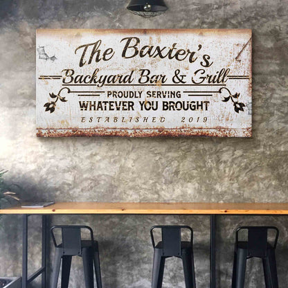 Backyard Bar & Grill Sign II canvas by Tailored Canvases with finish and vintage script on Tampa Home & Garden Store