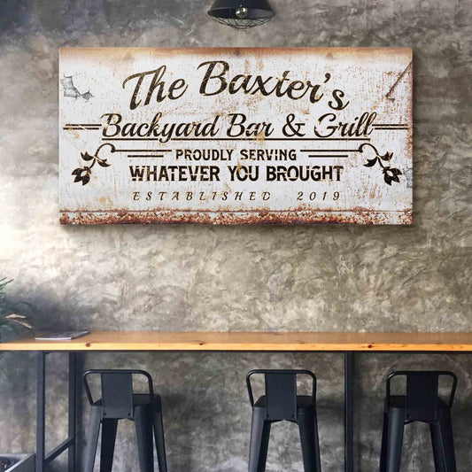 Backyard Bar & Grill Sign II canvas by Tailored Canvases with finish and vintage script on Tampa Home & Garden Store