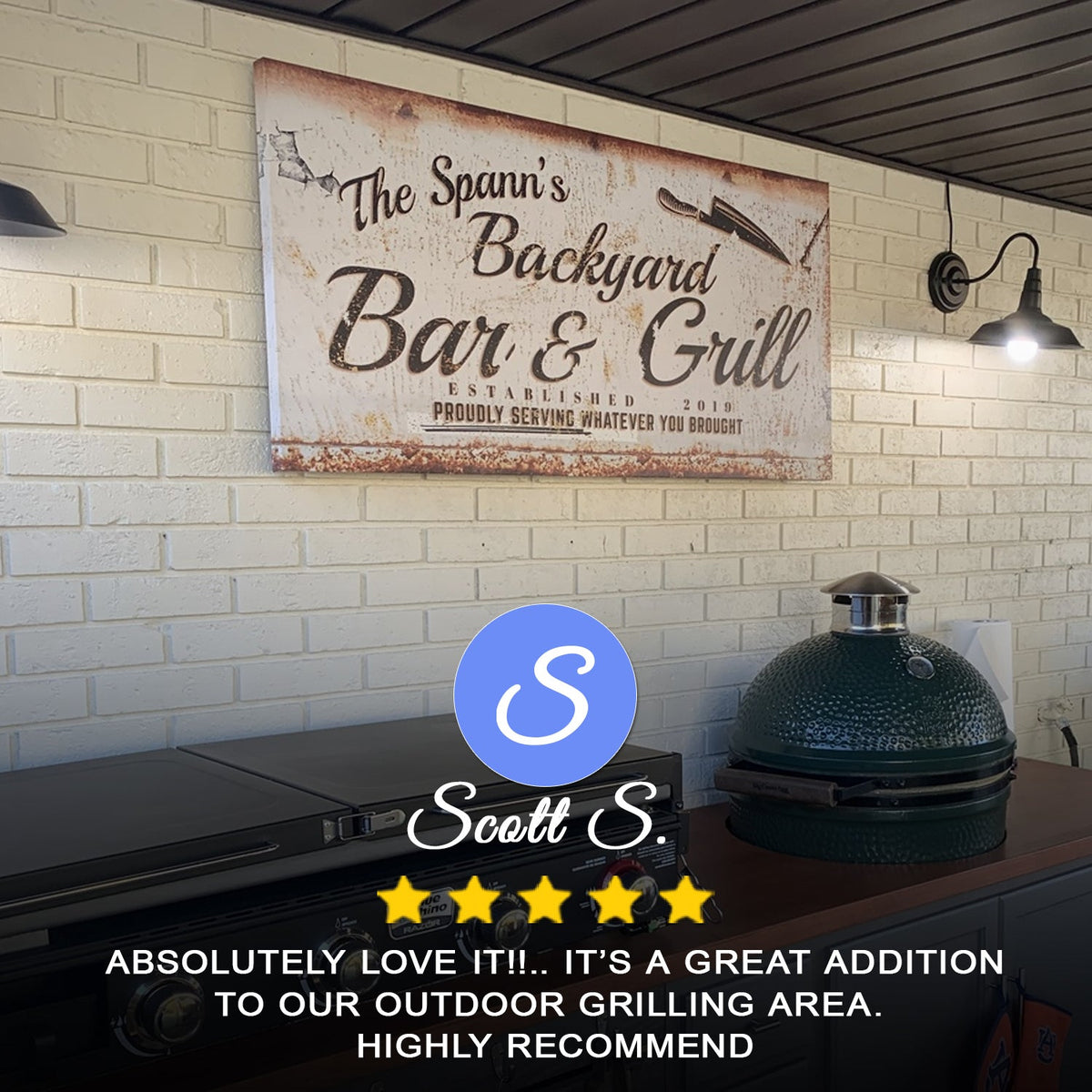 Backyard Bar & Grill Sign II canvas by Tailored Canvases with a rust finish on beige brick wall on Tampa Home & Garden Store