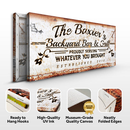 Backyard Bar & Grill Sign II canvas by Tailored Canvases, rustic distressed sign with rust edges on Tampa Home & Garden Store