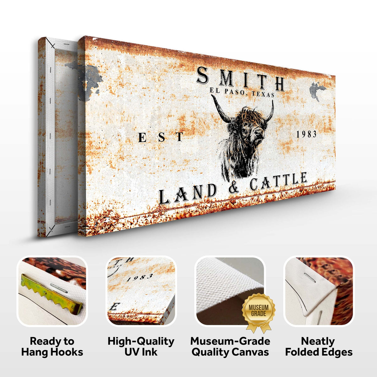 Land And Cattle Rustic Sign II canvas by Tailored Canvases, rustic rust-stained crafting canvas with longhorn on Tampa Home & Garden Store