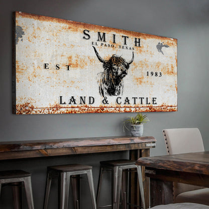 Land And Cattle Rustic Sign II canvas with longhorn and rusted finish by Tailored Canvases on Tampa Home & Garden Store