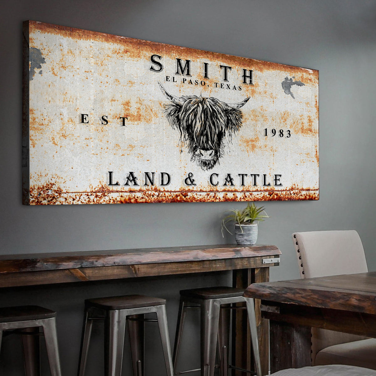 Land And Cattle Rustic Sign III canvas by Tailored Canvases with rust backdrop longhorn motif on Tampa Home & Garden Store