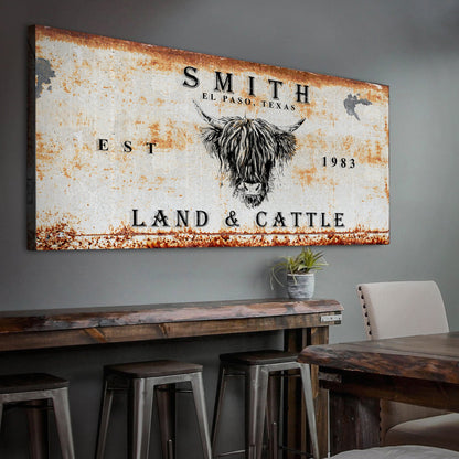 Land And Cattle Rustic Sign III canvas by Tailored Canvases with rust backdrop longhorn motif on Tampa Home & Garden Store