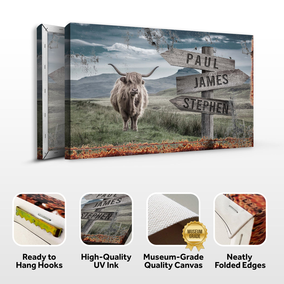 Highland Cow Rustic Sign canvas by Tailored Canvases with weathered wooden signpost scene on Tampa Home & Garden Store