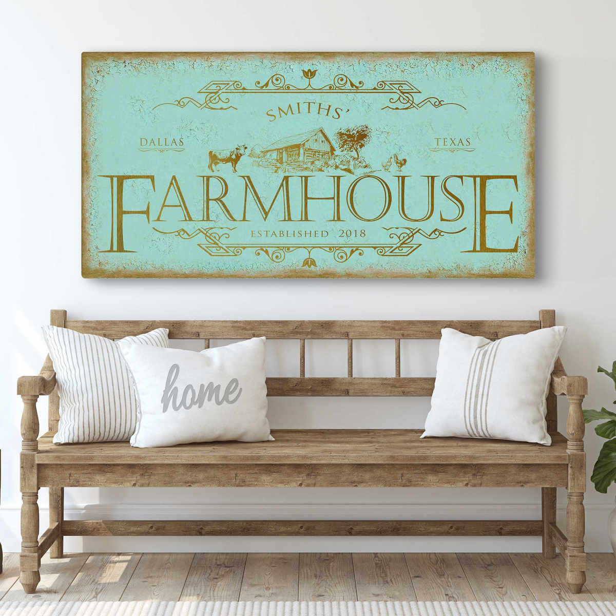 Rustic Farmhouse Sign IV canvas by Tailored Canvases, teal distressed with gold ornate design on Tampa Home & Garden Store