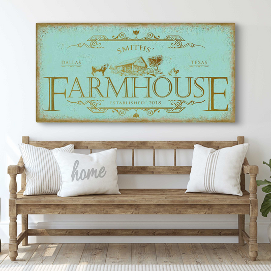 Rustic Farmhouse Sign IV canvas by Tailored Canvases, teal distressed with gold ornate design on Tampa Home & Garden Store
