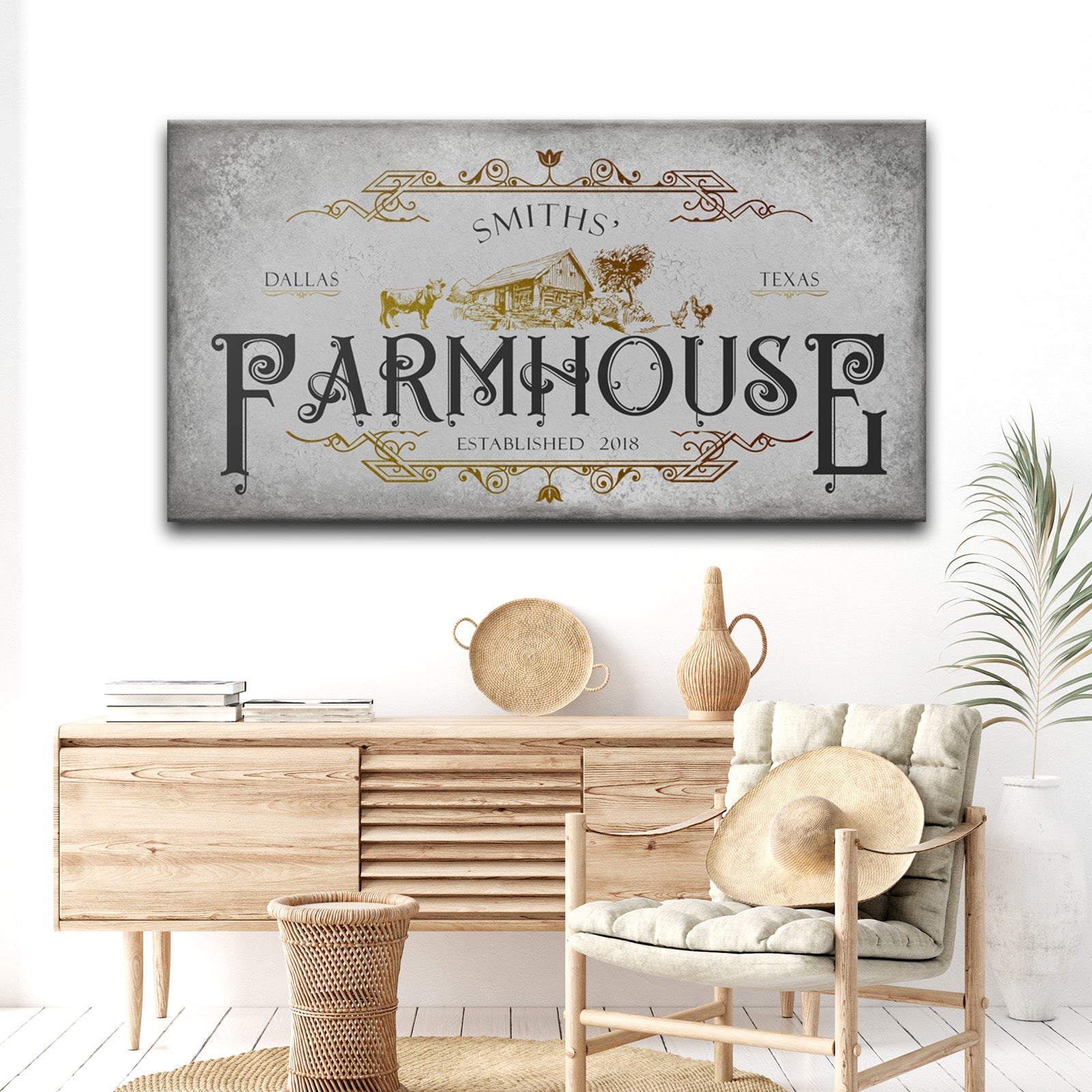 Rustic Farmhouse Sign IV canvas by Tailored Canvases with gray backdrop and ornate typography on Tampa Home & Garden Store