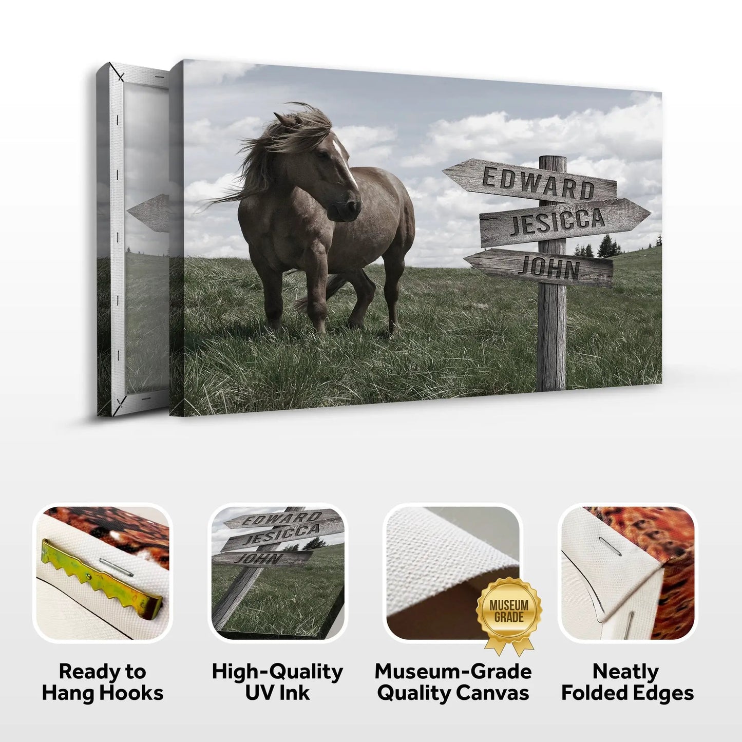 Classic horse canvas print with a running brown horse beside a sign EDWARD JESICA JOHN on Tampa Home & Garden Store