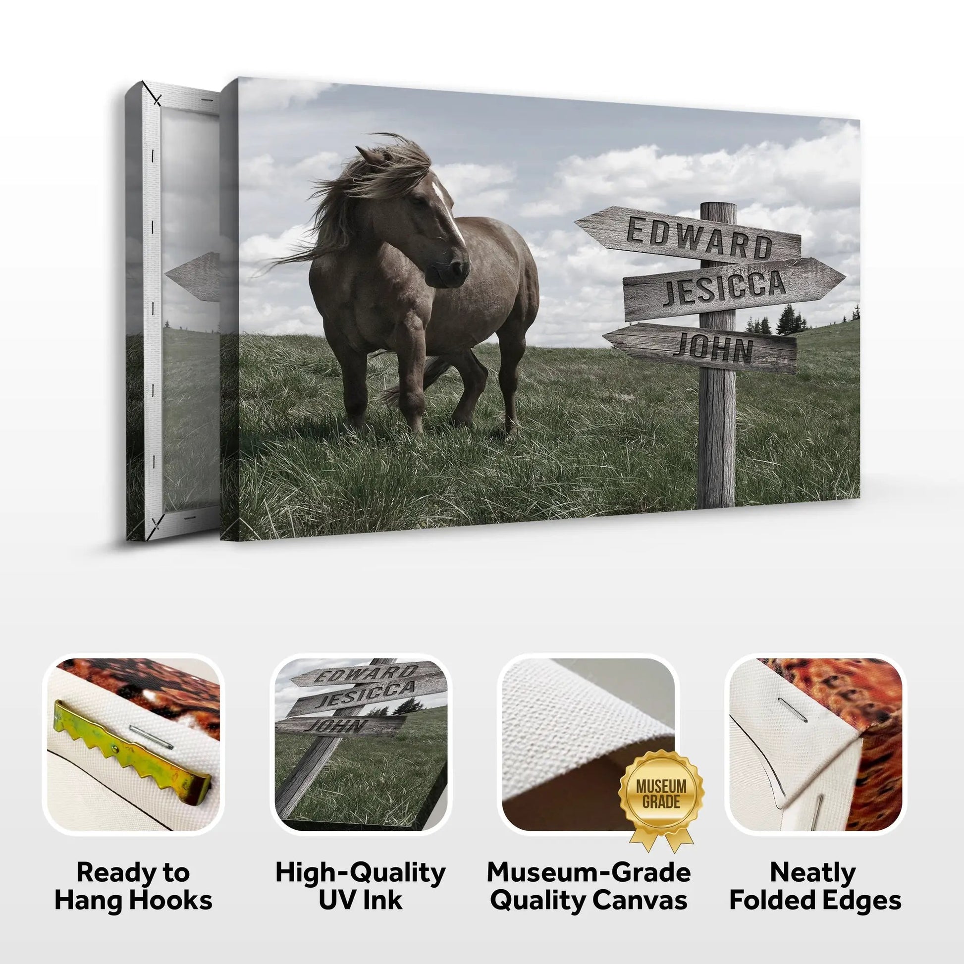 Classic horse canvas print with a running brown horse beside a sign EDWARD JESICA JOHN on Tampa Home & Garden Store