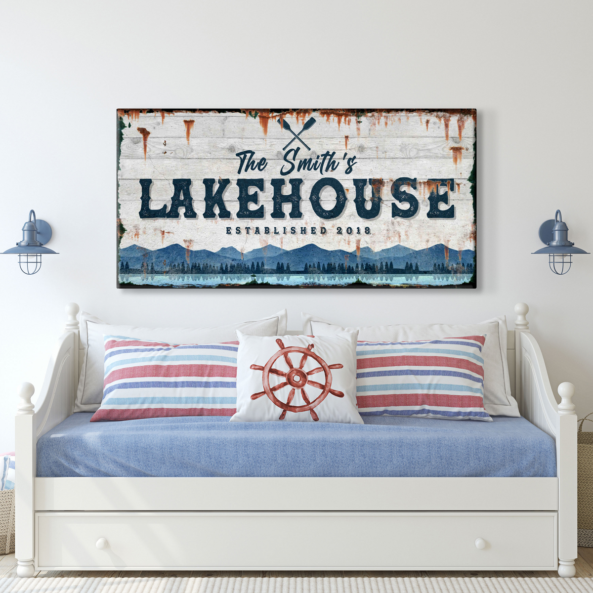 Canvas Family Lake House Vintage Sign by Tailored Canvases; white wood, blue LAKEHOUSE lettering on Tampa Home & Garden Store