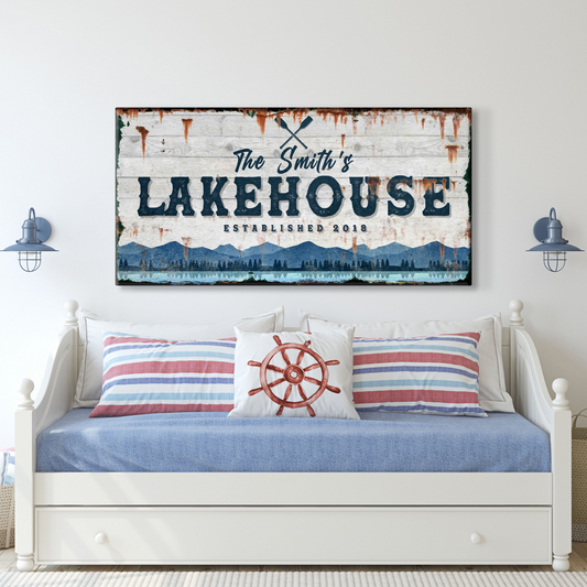 Canvas Family Lake House Vintage Sign by Tailored Canvases; white wood, blue LAKEHOUSE lettering on Tampa Home & Garden Store