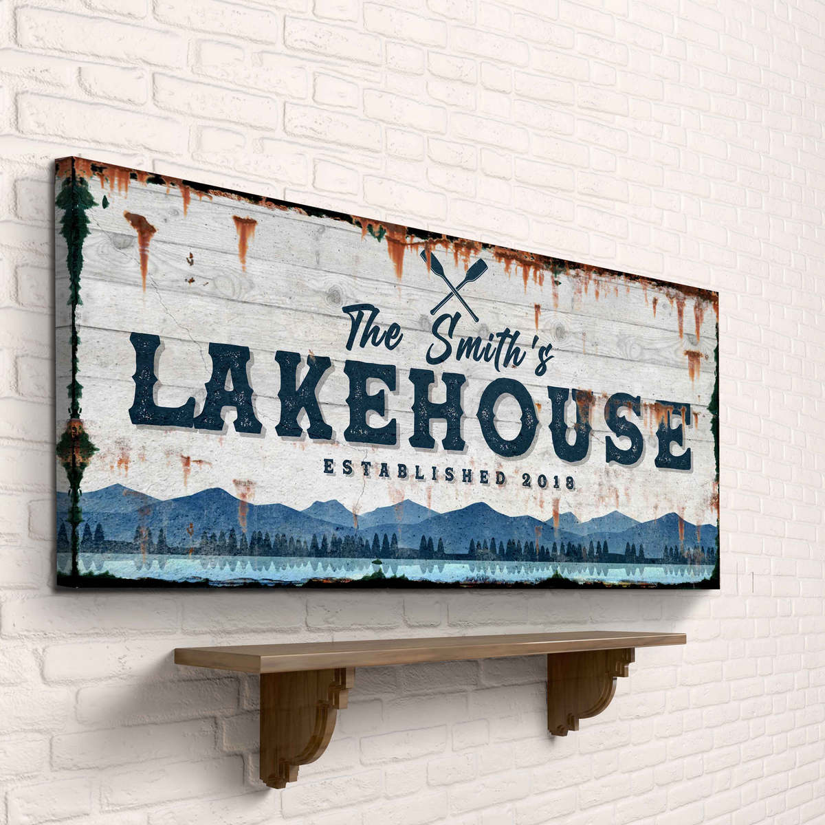 Family Lake House vintage canvas sign with weathered wood and blue LAKEHOUSE lettering rustic accents on Tampa Home & Garden Store