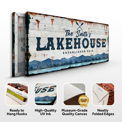 Family Lake House Sign canvas with rustic backdrop and LAKEHOUSE text on Tampa Home & Garden Store