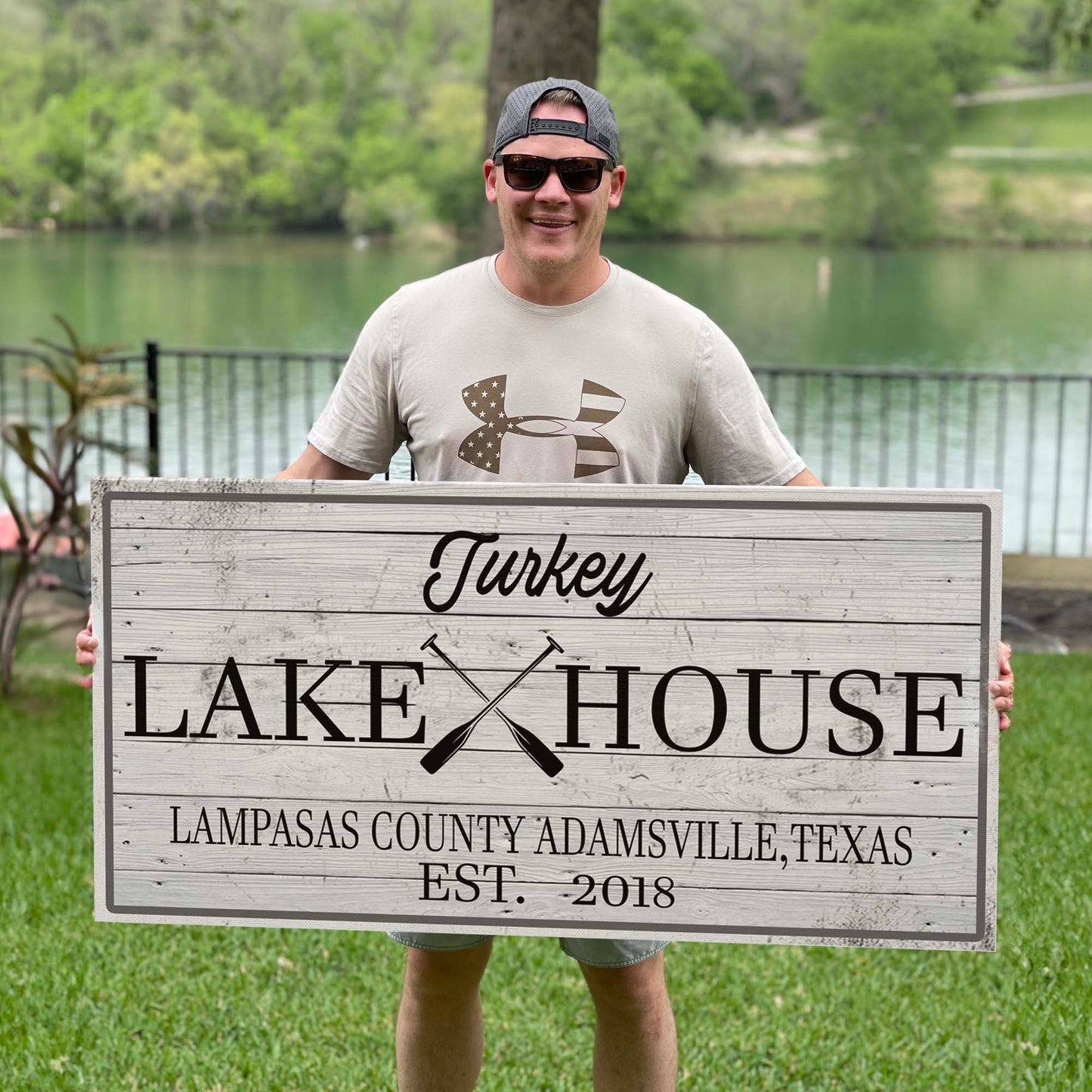Family Lake House Paddle Sign canvas by Tailored Canvases, rustic whitewashed wood look on Tampa Home & Garden Store