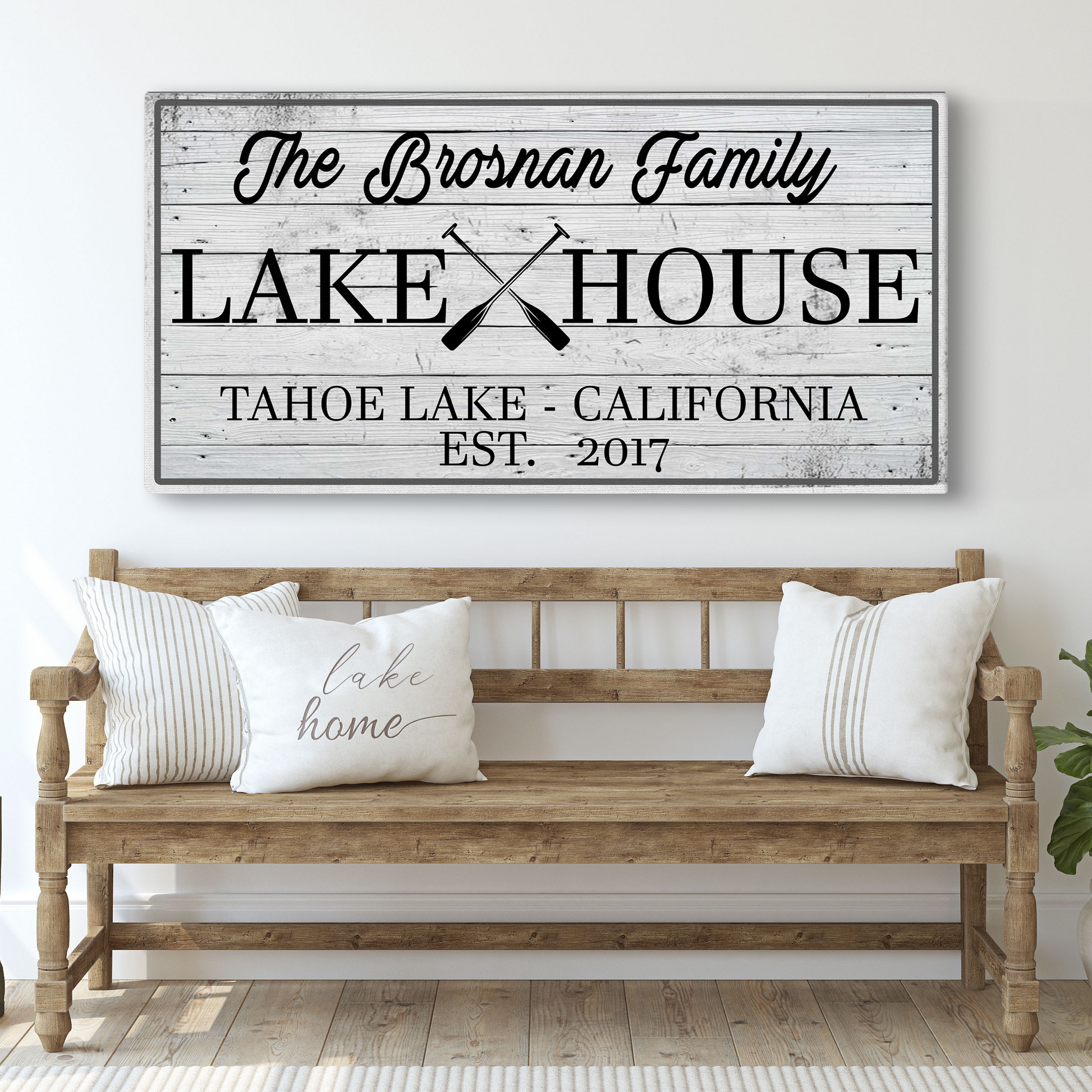 Family Lake House Paddle Sign canvas with whitewashed wood and paddles rustic lakehouse decor on Tampa Home & Garden Store