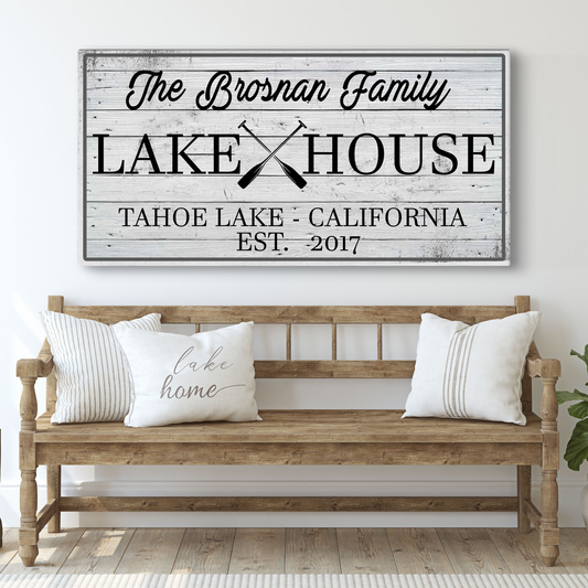 Family Lake House Paddle Sign canvas with whitewashed wood and paddles rustic lakehouse decor on Tampa Home & Garden Store