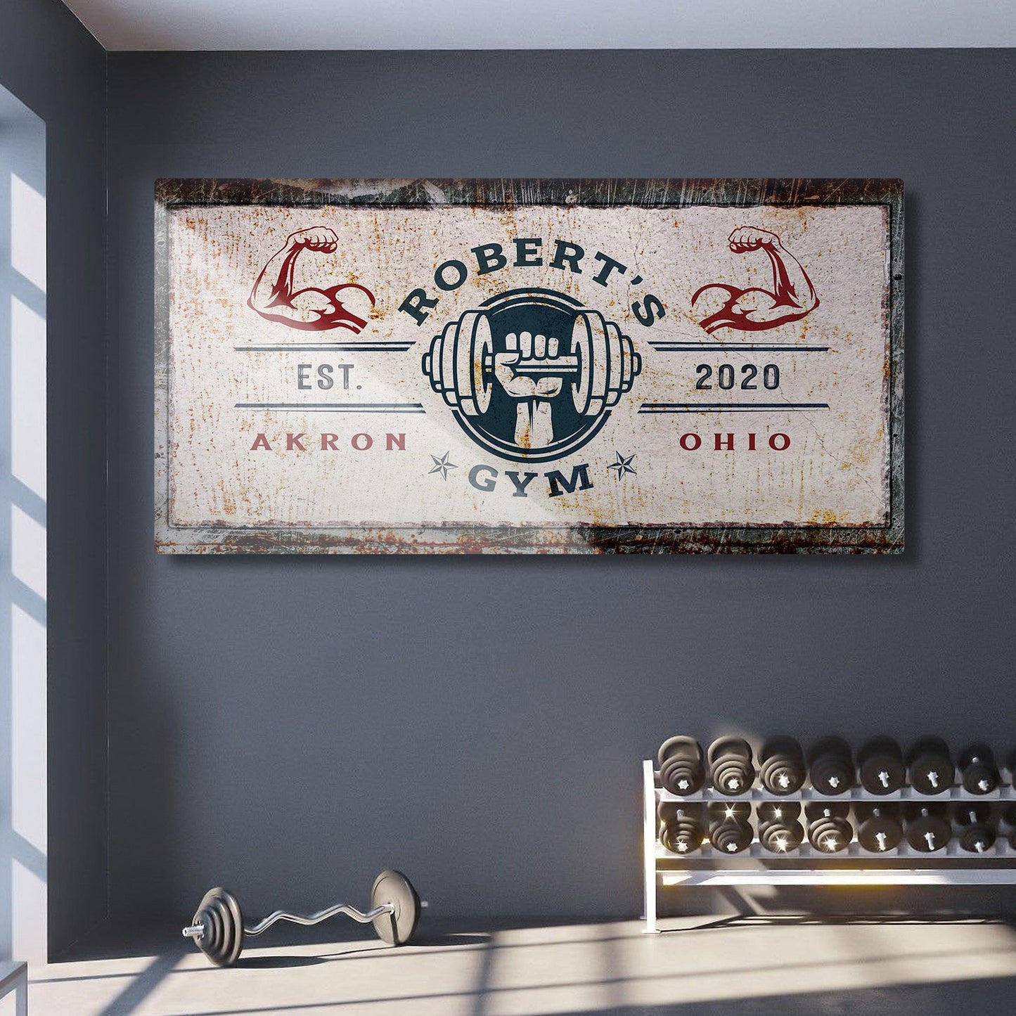 Gym Sign V canvas by Tailored Canvases, distressed vintage gym sign with dumbbell center on Tampa Home & Garden Store