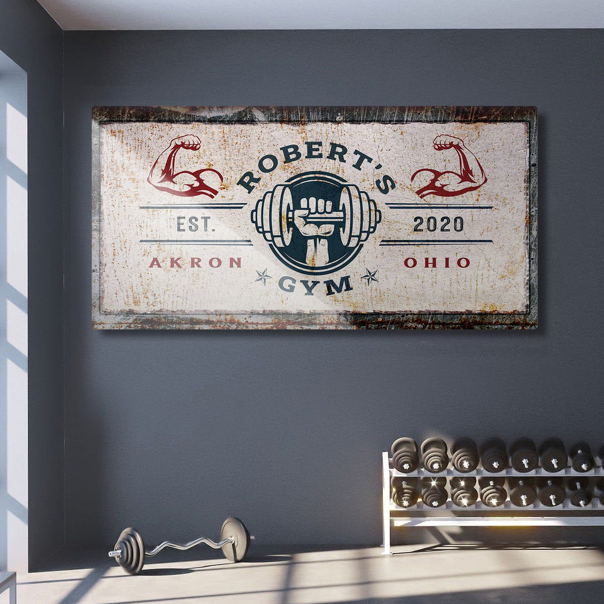 Gym Sign V canvas by Tailored Canvases, distressed vintage gym sign with dumbbell center on Tampa Home & Garden Store