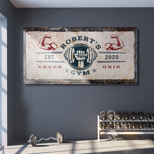 Gym Sign V canvas by Tailored Canvases, distressed vintage gym sign with dumbbell center on Tampa Home & Garden Store