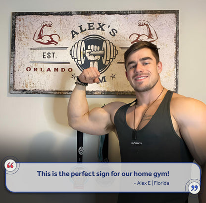 Gym Sign V canvas by Tailored Canvases featuring vintage weightlifting and flexing figure on Tampa Home & Garden Store