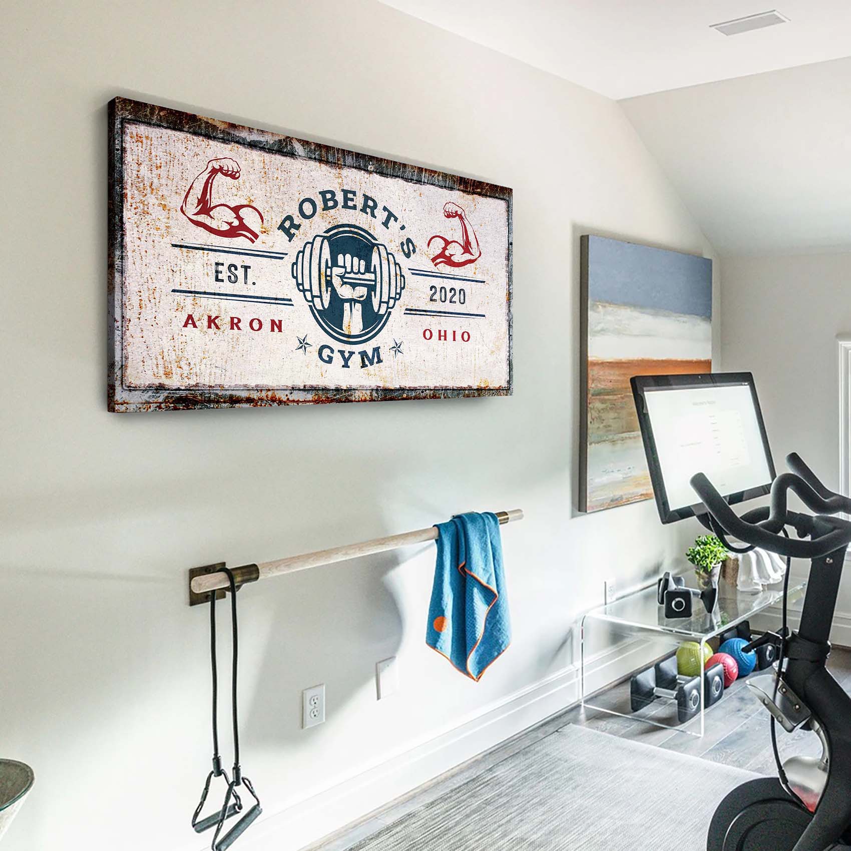Gym Sign V canvas by Tailored Canvases with Robert's Gym logo, dumbbell, vintage rusted look on Tampa Home & Garden Store