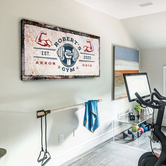 Gym Sign V canvas by Tailored Canvases with Robert's Gym logo, dumbbell, vintage rusted look on Tampa Home & Garden Store